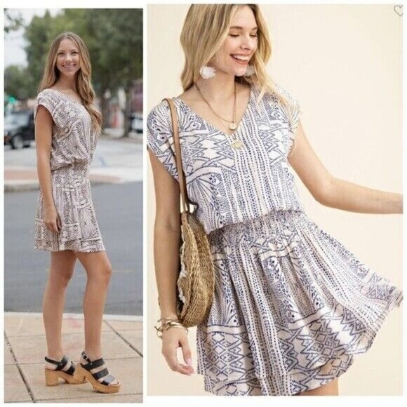 Kori America Crinkle Aztec Print Smock Waist Band Dress Navy Women’s Size Large - Picture 2 of 13